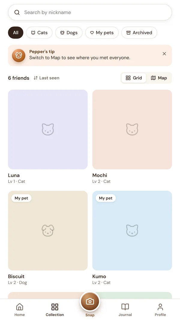 PawQuest collection screen